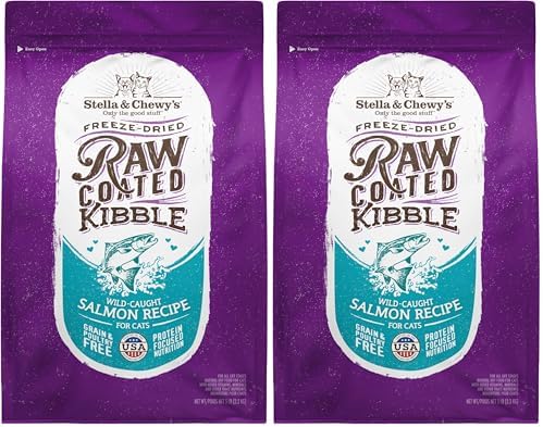 Stella & Chewy's Raw Coated Cat Food - High Protein, Grain-Free Kibble with Wild-Caught Salmon - Premium Digestive Support with Probiotics - Natural Small Kibble - Perfect for Picky Eaters - 5 lb Bag