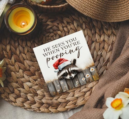 Christmas Raccoon Home Bathroom Decor Sign - Farmhouse Western Christmas Animal Bathroom Decor,Rustic Farm Animal He Sees You When You're Pooping Signs,Raccoon Gifts for Women