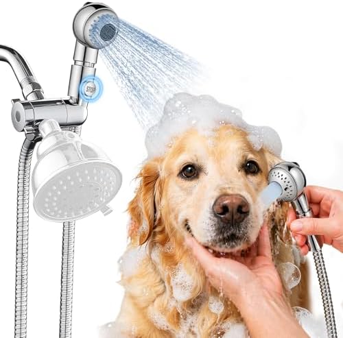 Quiet Dog Shower Attachment with One-Button Pause, 2-Mode Mini Pet Shower Head for Nervous Dog Bath& Dog Head, 98'' Long Hose, Palm-Size Design, Gentle Water Flow Perfect for Cat, Fits Shower Arm Only