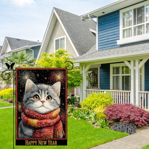 Happy New Year Garden Flag 12x18 Double Sided Vertical Linen Small Fireworks American shorthair Cat House Flag Welcome Holiday Winter House Outdoor Outside Decorations (27172)