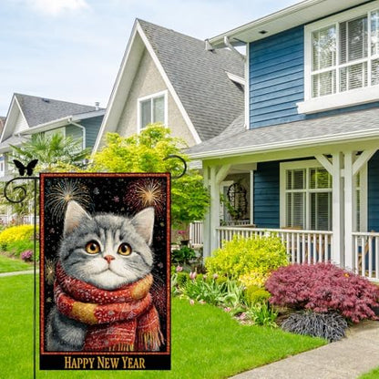 Happy New Year Garden Flag 12x18 Double Sided Vertical Linen Small Fireworks American shorthair Cat House Flag Welcome Holiday Winter House Outdoor Outside Decorations (27172)