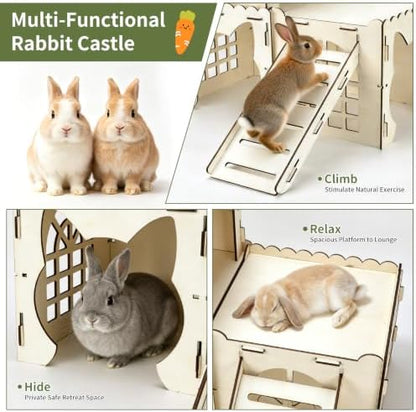 Rypet Extra Large Wooden Rabbit Castle, Bunny House Hideout with Stairs