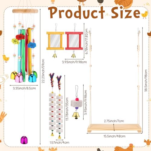 Soulchen 6 Pieces Chicken Toys for Coop Chicken Wind Chime Enrichment Toys Kits Chick Mirror with Bells Swing Hanging Chick Beak Grinding Calcium Stone for Coop Hens Chicks Poultry Birds Parrots