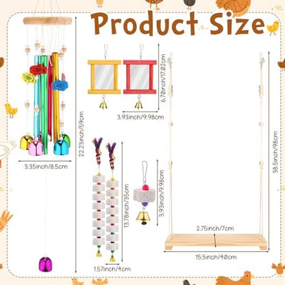 Soulchen 6 Pieces Chicken Toys for Coop Chicken Wind Chime Enrichment Toys Kits Chick Mirror with Bells Swing Hanging Chick Beak Grinding Calcium Stone for Coop Hens Chicks Poultry Birds Parrots