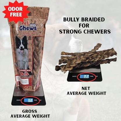 12" Jumbo Braided Bully Sticks for Large Dogs - Ultra Thick 3-Strand Twist (70g Average) - 100% Natural Grass-Fed Beef, Odor-Free - Long Lasting Dental Chews for Aggressive Chewers