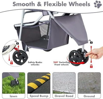 3 Wheels Pet Stroller,Storage Basket and Cup Holder, Breathable Mesh, Waterproof and Foldable for Small/Medium Dogs and Cats Strollers, Lightweight Travel Carrier for Daily Walks & Outdoor，Grey