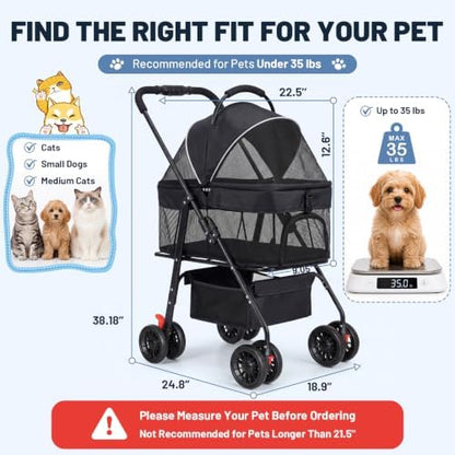 Dog Stroller for Small Dogs, Foldable Pet Stroller up to 35 lb, Panoramic Mesh Pet Cat Stroller with Detachable Carrier, with Safety Tether, Puppy Doggie Stroller for Medium Dogs 20 lbs, Light Black