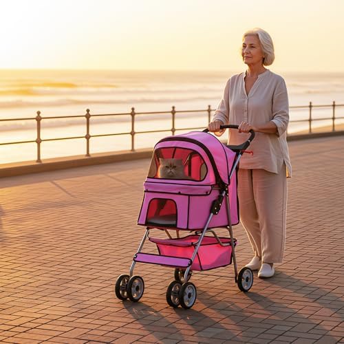 BestOffice Pet Stroller for Small Medium Dogs & Cats, 4-Wheel Foldable Dog Stroller with Cup Holder, Lightweight Travel Carrier, Waterproof Design for Outdoor Walks, Pink