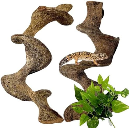 BNOSDM 2PCS Natural Reptile Climbing Branches Decor,1.3-1.8" Thick Natural Snake Climbing Forest Wood with Plant Leaf Decor,Lizard Forest Branch,Geckos Tank Tree Trunk Accessories for Bearded Dragons