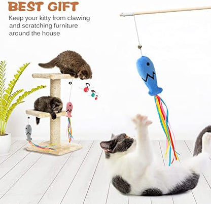 Natural Wood Cat Wand Toy with Ribbon Fish Teaser - 3pcs, 16 Inch