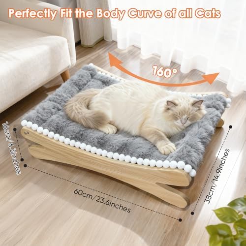 Plush Elevated Cat Bed - Cozy Raised Cat Hammock with Solid Wood Frame, Soft Furry Cushion for Indoor Cats & Small Dogs, Multi-Color Options(Grey)