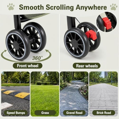 YYW Double Pet Stroller Foldable 2 Carriages Lockable Wheels Green Beige