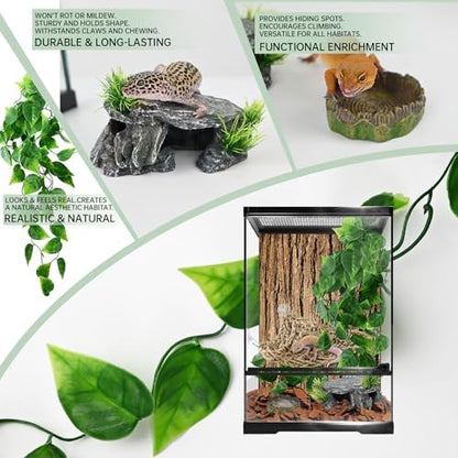 5-in-1 Leopard Gecko Tank Starter Kit, Hide Cave, Seagrass Hammock, Climbing Vine, Tweezers & Dish - 10-20 Gal | Fits Leopard/Crested Geckos, Harmit Crabs, Juvenile Tortoises (Tank Not Included)