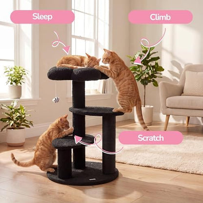 Poppy 29" 3-Tier Modern Flower Cat Tree Tower with Jute Scratching Posts, Weighted Base, Plush Platforms and Dangling Toy, Whimsical Activity Center, Grey/White CTR1007C