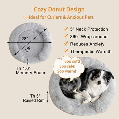 Calming Dog & Cat Beds with Orthopedic Egg-Crate Foam Raised Rim, Soft Fluffy Faux Fur Pet Bed for Small Medium Dogs, Anxiety Relief Spine Support, Machine Washable (Round, Pale Grey 28")