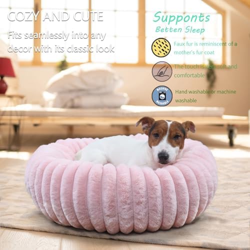 Donut Small Dog Bed Washable Cute Puppy Beds with Corduroy Fleece & Anti Slip Bottom, Round Faux Fur Pet Snuggle Beds for Large Cat, Pink, Small Breed 23x23x5.5 inches