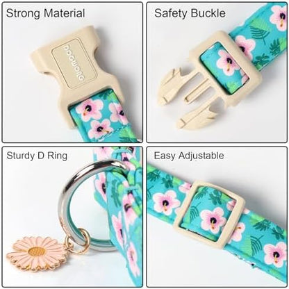 DOGWONG Spring Pink Floral Cotton Dog Collar for Small Medium Large Dogs XS