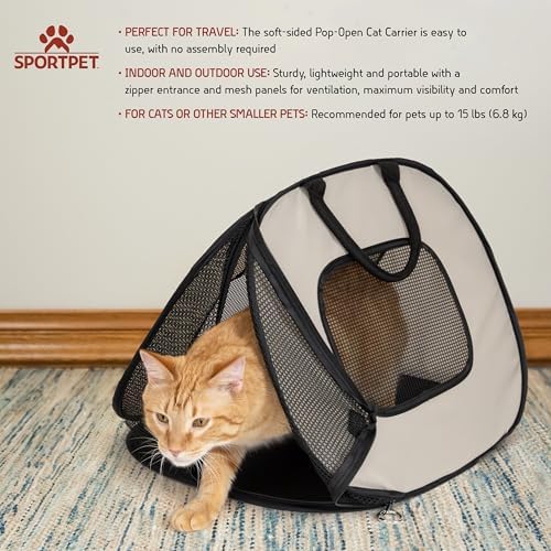 SportPet Designs Pop Open Cat Carrier, Soft-Sided Collapsible Travel Carrier for Cats up to 15 lbs, Lightweight Portable Design with Mesh Ventilation & Secure Zippers, Tan