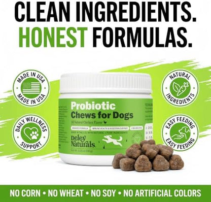 Deley Naturals Dog Probiotics Chews - 4 Billion CFU Dog Probiotics, Prebiotics, Enzymes for Digestion & Gut Health - Smaller Soft Chews, Lower Calories, Same Active Ingredients - USA Made - 60 Count