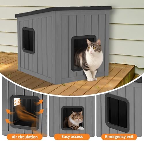 NUNU LAB Cat Litter Box Enclosure, Outdoor Cat House – Weatherproof & UV Resistant PP Material Shelter with Sloped Asphalt Roof, Durable Cat Condo for Garden, Patio, and Backyard (Black, Large)