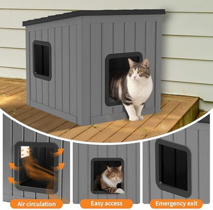 NUNU LAB Cat Litter Box Enclosure, Outdoor Cat House – Weatherproof & UV Resistant PP Material Shelter with Sloped Asphalt Roof, Durable Cat Condo for Garden, Patio, and Backyard (Black, Large)