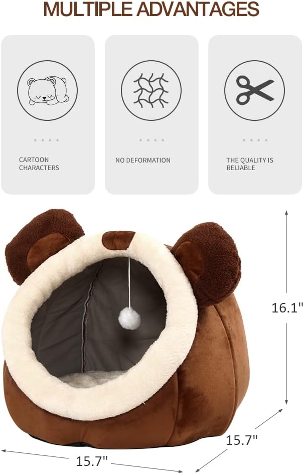 Lcybem Cat Beds for Indoor Cats - Cat Bed Cave with Removable Washable Cushioned Pillow, Soft Plush Premium Cotton No Deformation Pet Bed, Roomy Bear cat House Design, Multiple Sizes-L