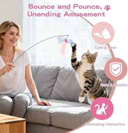 Pawaboo Cat Feather Wand Interactive Toy, 2 Feathers + 1 Wand with Bell