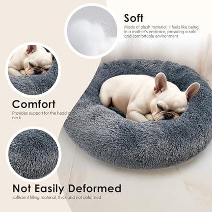 Dogs Bed for Small Dogs, Anti-Anxiety Washable Round Bed (24in Dark Grey)