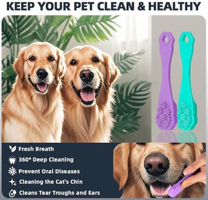 4PCS Dog Bath Brush | Scrubber for Bath | Shampoo Brush | Toothbrush | Finger Toothbrush | Dog Shower/Washing Brush with Adjustable Ring Handle - Pet Bath Supplies (Blue Yellow)