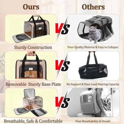 Cat Carrier - Cat Carrier Soft with Plush Pad & Cooling Mat, Easy-Load 4-Side Zipper & 3-Side Mesh Ventilation, Pet Carrier Airline Approved for Cats/Dogs Up to 16 lbs, Brown