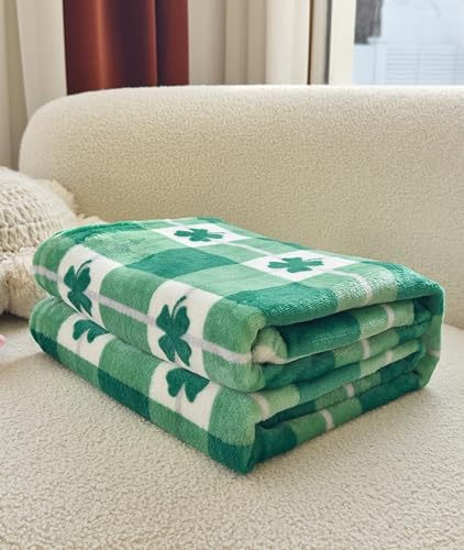 Elegant Comfort Velvet Touch Ultra Plush St Patricks Day Lucky Spring Green Clover Shamrock Irish Printed Fleece Throw/Blanket-50 x 60inch, Lucky Plaid Clover