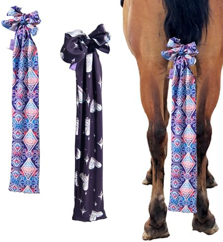 Horse Tail Bags, Stretch Fabric, Design for Protected Horse Tail,Pack of 2… (Heart &Purple Geo Design Set)