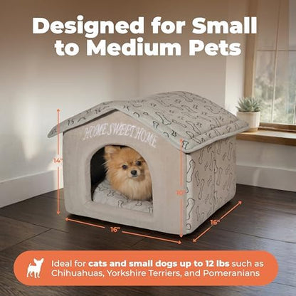 Best Pet Supplies Cat Bed for Indoor Cat, Domed Tent House with Removable Pillow, Covered Cat Cave for Small Dog, Puppies and All Breeds of Cats - Light Brown w/ Bones, 16 x 16 x H:14"