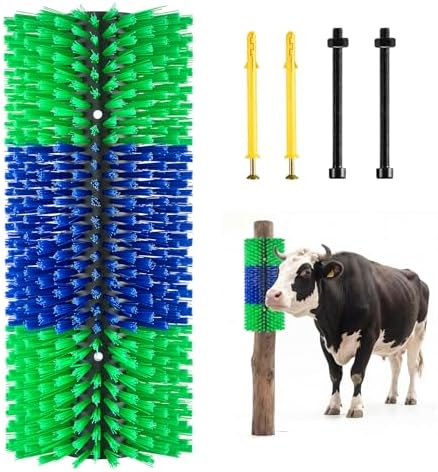 VEVOR Livestock Scratching Brush, 1PC Goat Scratcher Brush Post with 4 Screws, 16.9" x 7.5" Cow Scratcher for Back Itch Relief, Massage Grooming Scratch Tool for Horse Cattle Sheep Pig, Green & Blue