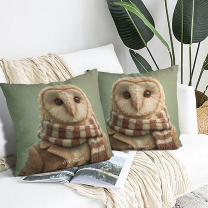 InkRain Winter Animal Cute Owl Pillow Cover 22x22 Inch Set of 2 Home Decor Decorative Cotton Linen Illustration Pillowcases for Living Room House Sofa