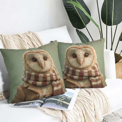InkRain Winter Animal Cute Owl Pillow Cover 16x16 Inch Set of 2 Home Decor Decorative Cotton Linen Illustration Pillowcases for Living Room House Sofa