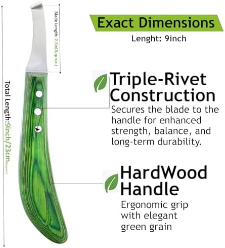 – Super Sharp Hoof Knife | Stainless Steel Blade with Wooden Handle | Professional Farrier Hoof Trimming Tool for Horses & Equine Hoof Care (Green Right-Hand)