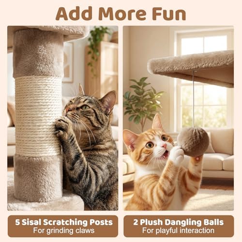 DORTALA 57" Tall Cat Tree, Multi-Level Cat Tower with 2 Large Condos, Sisal Scratching Posts, Top Perch, Hammock, Pet Play House Climbing Furniture for Indoor Adult Cats & Kittens (Coffee)