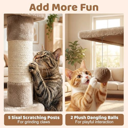 DORTALA 57" Tall Cat Tree, Multi-Level Cat Tower with 2 Large Condos, Sisal Scratching Posts, Top Perch, Hammock, Pet Play House Climbing Furniture for Indoor Adult Cats & Kittens (Coffee)