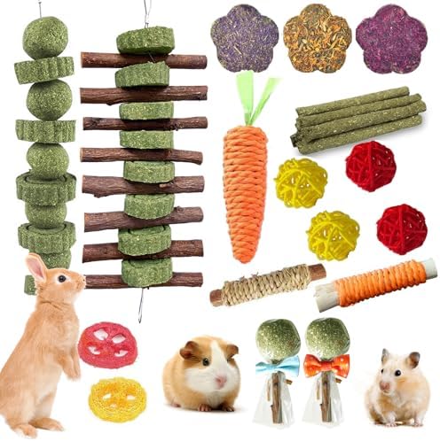 WDEFUN 21PCS Rabbit Chew Toys for Teeth Grinding, Natural Timothy Hay Cakes Treats for Bunny, Organic Apple Wood Sticks Toy Set for Guinea Pigs, Hamsters, Chinchillas,Dental Health & Boredom Relief