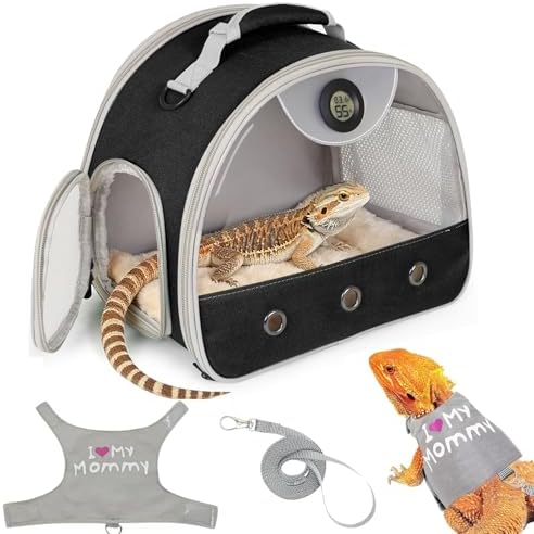 Adjustable Harness Leash Bearded Dragon Carrier,Breathable Reptile Travel Bag with Built-in Thermometer Hygrometer&Clear View Window,Portable Habitat for Lizard,Ball Python & Small Reptiles