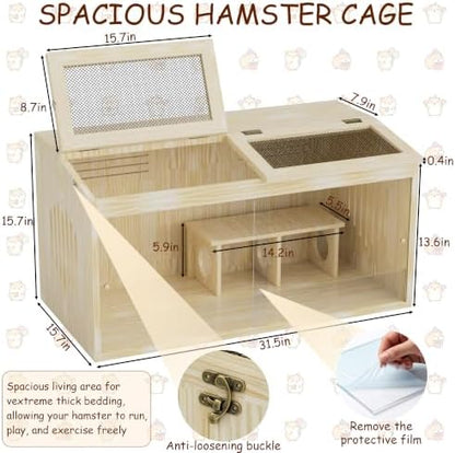 Wooden Hamster Cage with Toys and Bedding 32"x16" Guinea Pig Cages with Openable Top & Acrylic Front Door Large Ventilated Small Animal Cage for Hamster Rabbit Guinea Pig Hedgehog Rat