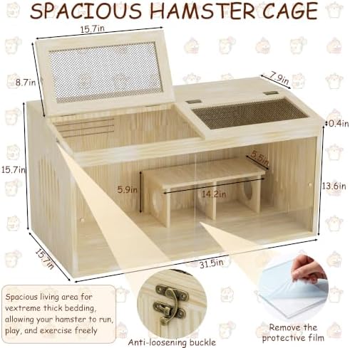 Wooden Hamster Cage with Toys and Bedding 32"x16" Guinea Pig Cages with Openable Top & Acrylic Front Door Large Ventilated Small Animal Cage for Hamster Rabbit Guinea Pig Hedgehog Rat