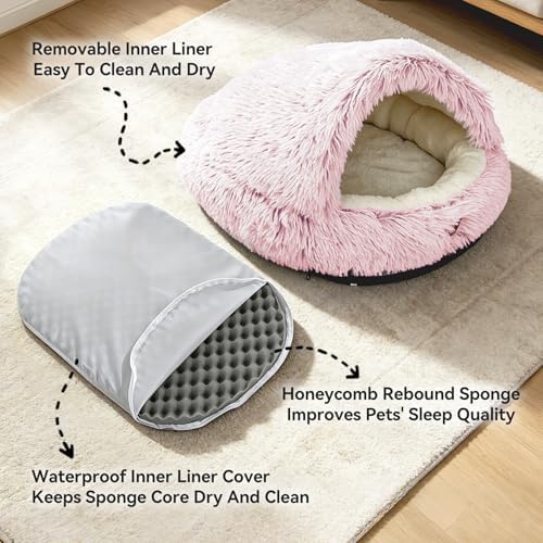 YooxArmor Round Covered Cat Bed Cave Dog Bed for Small Medium Pets,Pink,M