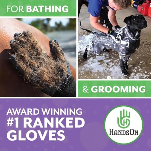 H HandsOn Pet Grooming Gloves - Patented #1 Ranked, Award Winning Shedding, Bathing, & Hair Remover Gloves - Gentle Brush for Cats, Dogs, and Horses (Black, Small)