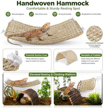 HERCOCCI Bearded Dragon Tank Accessories, 9Pcs Reptile Plants Vines Hammock