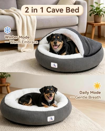 Calming Cozy Dog Cave Cover Bed, Burrow Small Doggy Anti Anxiety