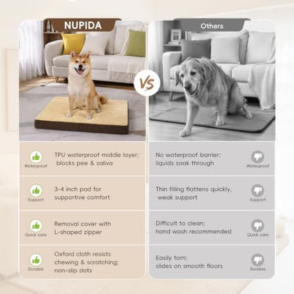 NUPIDA Waterproof Large Dog Bed for Crate with Washable Cover, 35x22, Brown