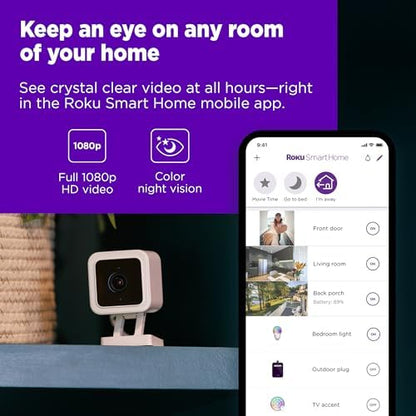 Roku Indoor Camera for Home Security, 1-Pack - Wired Security Camera with 1080p HD Color Night Vision, Works with Alexa & Google, Motion & Sound Detection, Built-in Siren, 90-Day Subscription Included