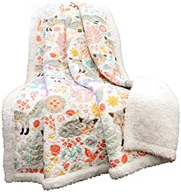 Lush Decor Pixie Fox Sherpa Throw Blanket 50”W x 60"L Gray & Pink - Sherpa Blankets - Toddler Blanket For Bed - Pink Girls Room Decor - Floral Throw